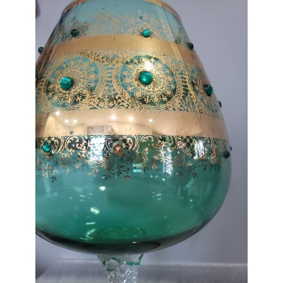LARGE Vintage Jeweled Empoli Brandy Snifter Vase Gold Green Gilded Bohemian‎ - Picture 3 of 8